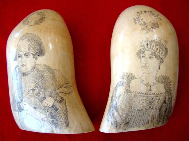 A wonderful pair of 19th century scrimshawed whales' teeth depicting Napoleon and Josephine